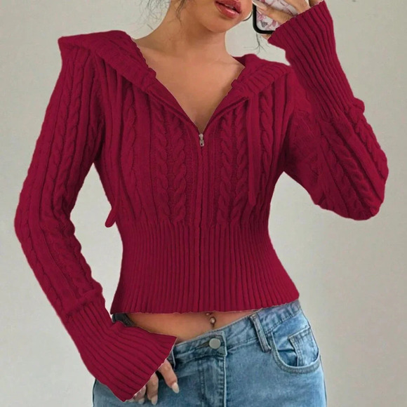 Red Casual Women's Plain Zippered Hooded Drawstring Cardigan - Picture 4 of 5